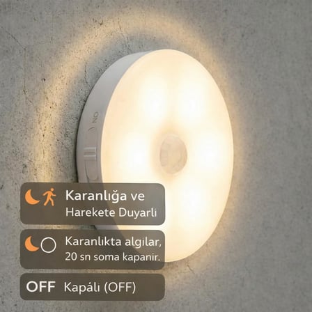 Lexroo Amber LED Hareket Sensörlü Ledli Gece Lambası Şarj Edilebilir, Taşınabilir 4000k Günışığı