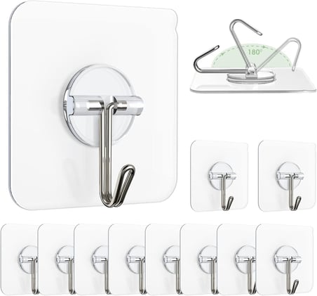 Lexroo AEE® 10 Adet Şeffaf Duvar Askısı İz Bırakmayan Güçlü Yapışkanlı Kapı Arkası Banyo Mutfak