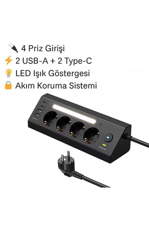 Lexroo SMAYLİNG Akım Korumalı Çoklu Priz | 4 Priz Girişi + 2 USB-C + 2 USB-A Çıkışı | 2 Metre Kablo
