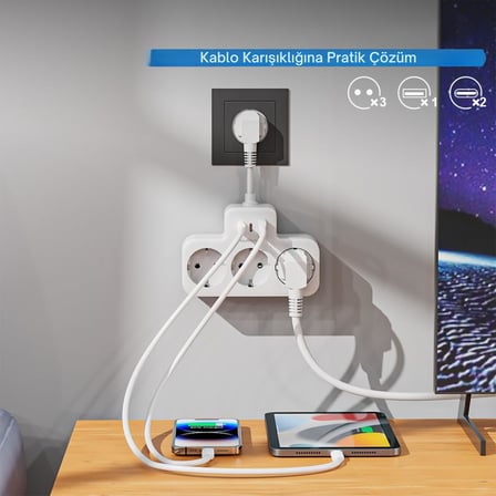 Akım Korumalı Priz, Duvar Priz Çoğaltıcı, 3x Priz Soketi, 2x Type-C Girişi, 1x Usb Girişi