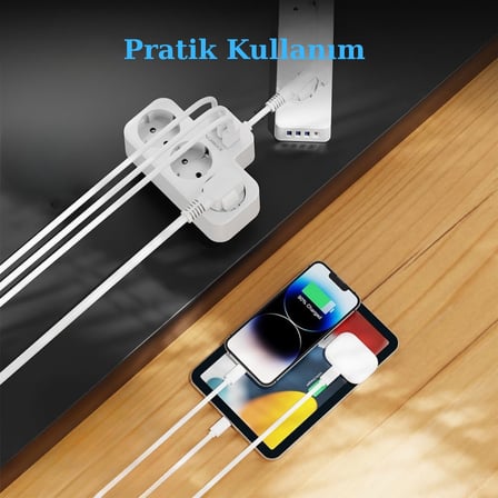 Akım Korumalı Priz, Duvar Priz Çoğaltıcı, 3x Priz Soketi, 2x Type-C Girişi, 1x Usb Girişi