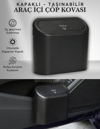 Lexroo Araba Çöp Kutusu Araç Içi Taşınabilir Kapaklı Organizer Çöp Kovası Itme Kapaklı Kova