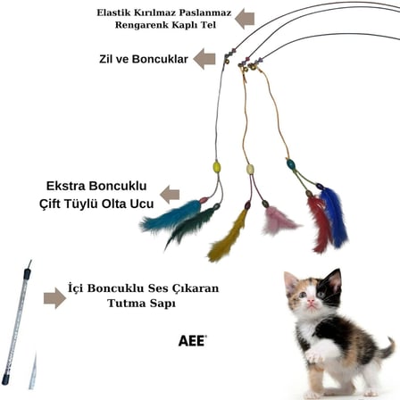 Lexroo AEE® Kedi Oltası Elastik Çift Tüylü Çanlı Boncuklu Kedi Oyuncağı