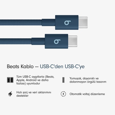 Beats USB-C'den USB-C'ye Örgülü Kablo, Hızlı Şarj, Dayanıklı/Dolanmayan - Lazer Lacivert