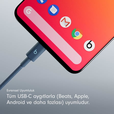 Beats USB-C'den USB-C'ye Örgülü Kablo, Hızlı Şarj, Dayanıklı/Dolanmayan - Lazer Lacivert