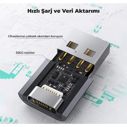 Lexroo Jouis Dönüştürücü Adaptör Araç Car Play Hızlı Şarj Usb to Type C Mini OTG Adaptör USB 3.1 to