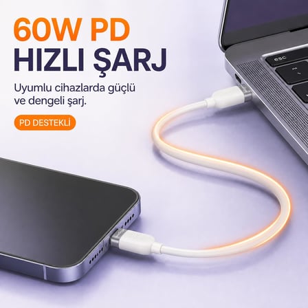 Voultage USB-C to USB-C Silikon Hızlı Şarj ve Veri Kablosu, 60W PD 480 Mbps