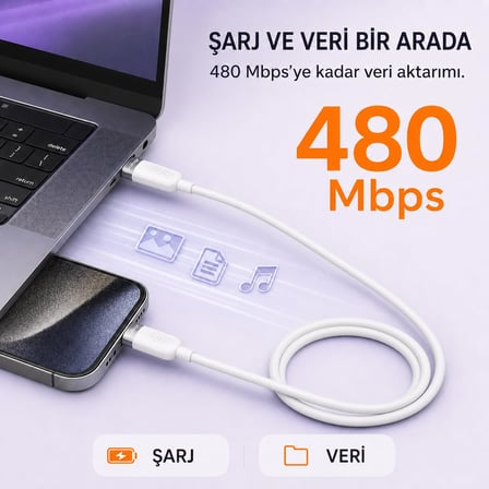 Voultage USB-C to USB-C Silikon Hızlı Şarj ve Veri Kablosu, 60W PD 480 Mbps
