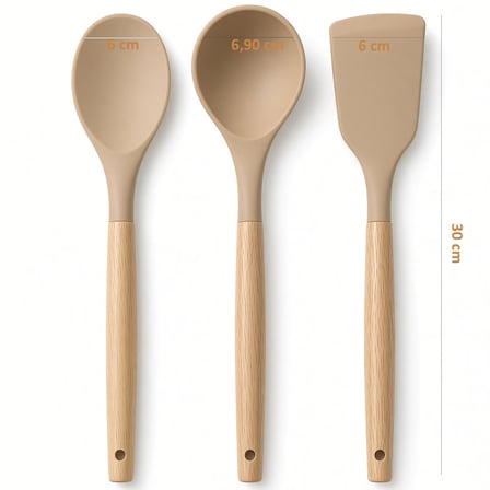 Lexroo Promosyonca 3’lü Silikon Mutfak Gereçleri Seti, Ahşap Saplı Silikon Kaşık Kepçe Spatula Seti