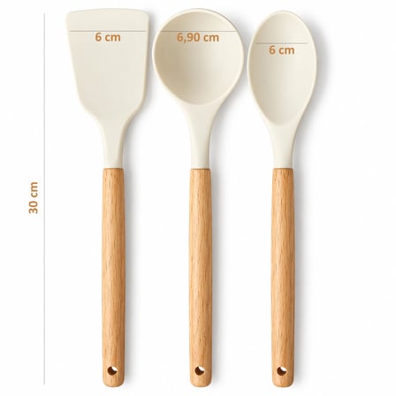 Lexroo Promosyonca 3’lü Silikon Mutfak Gereçleri Seti, Ahşap Saplı Silikon Kaşık Kepçe Spatula Seti