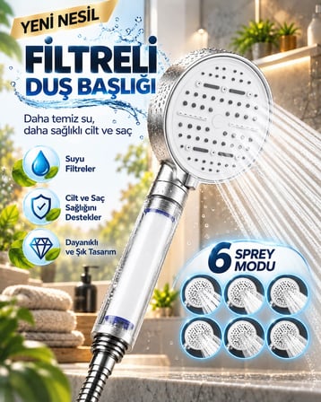 Lexroo 6 Sprey Modlu Filtreli Duş Başlığı Büyük Su Paneli Silikon Nozullu Beyaz Modern Tasarım