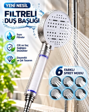 Lexroo 6 Modlu Filtreli Duş Başlığı Büyük Panel Su Tasarruflu Çok Fonksiyonlu Beyaz Duş Başlığı