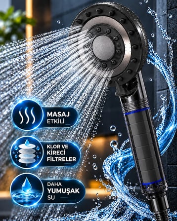 Lexroo Filtreli Duş Başlığı 5 Fonksiyonlu Masaj Etkili Klor ve Kireç Filtreli Siyah Duş Başlığı