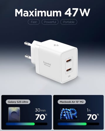 Spigen 47W USB-C 2 Port Mini Hızlı Şarj Aleti PPS 2.0 Super Hızlı Şarj GaN Pro Isı - ACH08707