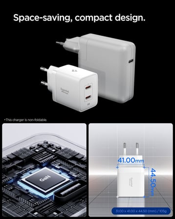 Spigen 47W USB-C 2 Port Mini Hızlı Şarj Aleti PPS 2.0 Super Hızlı Şarj GaN Pro Isı - ACH08707
