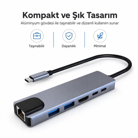 Coverzone Type-c To Hdmı Hub 6 in 1 Rj45 Lan 2 X usb 3.0 Type-c Girişli Bilgisayarlar ve Macbook