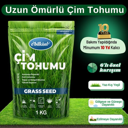 Ebitkisel Çok Yıllık Çim Tohumu 1 Kg Uzun Ömürlü 6'lı Karışım Gölge ve Aşırı Güneşli Alan Uygun