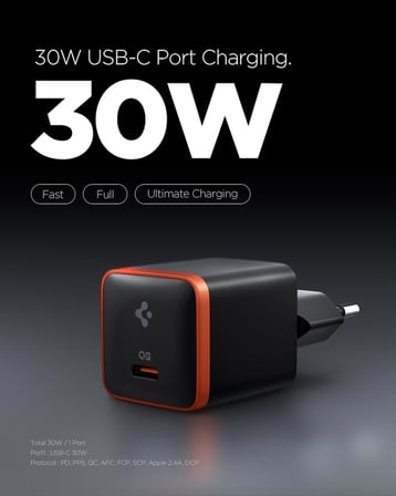 Spigen 30W USB-C Ultra Mini Hızlı Şarj Aleti PPS Super Hızlı Şarj GaN Pro Isı Düşürücü - ACH08448