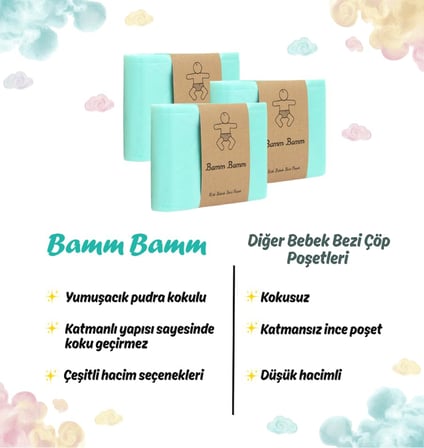 Bamm Bamm Kirli Bebek Bezi Çöp Kovaları İle Uyumlu Bebek Bezi Çöp Poşeti 3 paket