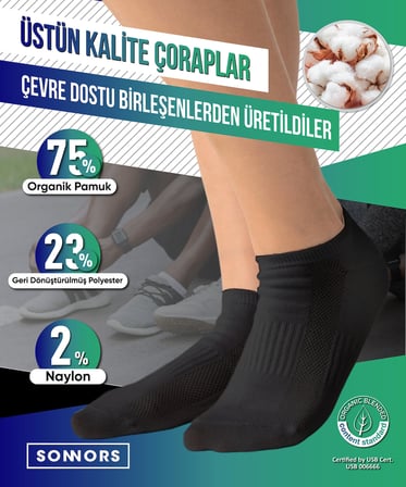 SONNORS Uniseks 6'li Sneaker Kadın Erkek Çorap - Organik Pamuk Patik Spor Çorabı