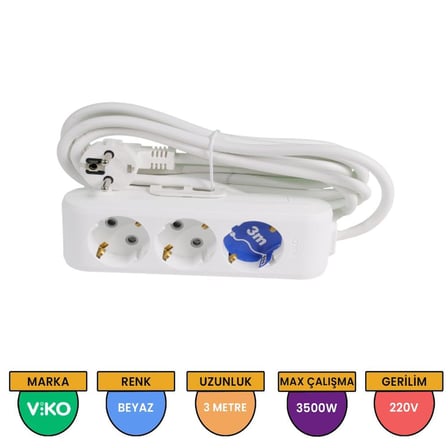 Viko Multi-Let 3lü Topraklı Kablolu Ç.K 3mt Priz, Beyaz