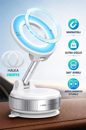 MagnetPRO 360° Ayarlanabilir Araç İçi Masa Üstü Vakumlu Mıknatıslı Magsafe Telefon Tutucu (Beyaz)