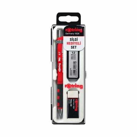 rOtring Tikky Mekanik Kurşun Kalem, Uç ve Silgi Seti, 0,7 mm Kalem, 2B Uç, Orta Boy Silgi, Kırmızı