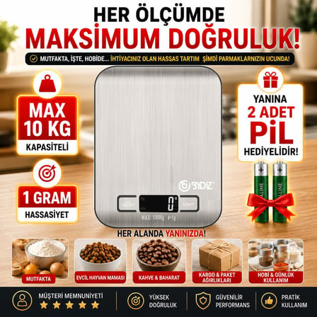 Bydiz Dijital Mutfak Terazisi 10 Kg Kapasiteli 1 Gr Hassasiyetli
