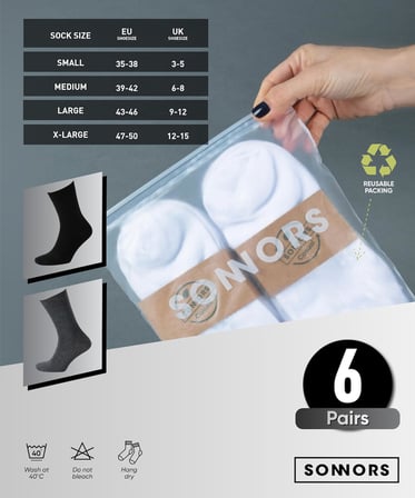 SONNORS 6 Çift Premium Siyah Uzun Erkek Çorap - Organik Pamuktan Rahat Dikişsiz Çoraplar