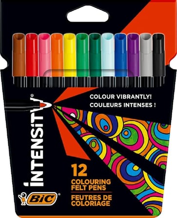 BIC Intensity Keçeli Boyama Kalemi 12 Renk, Su Bazlı Mürekkep, 0.9mm Keçeli Kalem Ucu