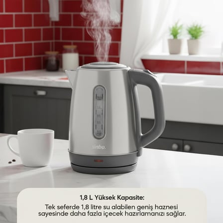 Sinbo SK-8031 Su Isıtıcı Kettle – Paslanmaz Çelik, 1.8 L, Inox, Otomatik Kapanma (Açık Gri)
