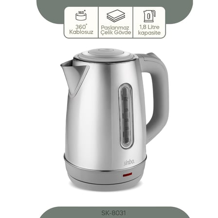 Sinbo SK-8031 Su Isıtıcı Kettle – Paslanmaz Çelik, 1.8 L, Inox, Otomatik Kapanma (Açık Gri)