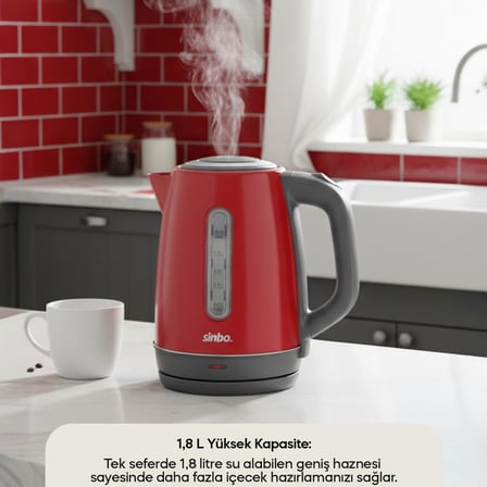 Sinbo SK-8031 Su Isıtıcı Kettle – Paslanmaz Çelik, 1.8 L, Inox, Otomatik Kapanma (Kırmızı)