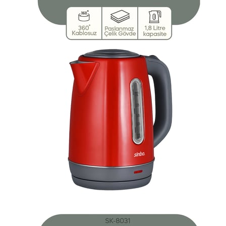 Sinbo SK-8031 Su Isıtıcı Kettle – Paslanmaz Çelik, 1.8 L, Inox, Otomatik Kapanma (Kırmızı)