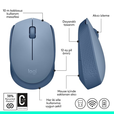 Logitech M171 Kablosuz Mouse, PC, Mac, Dizüstü Bilgisayar için, 2,4 GHz, USB Mini Alıcılı