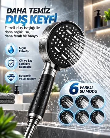 Lexroo Çok Fonksiyonlu Filtreli Duş Başlığı 6 Farklı Sprey Modu Büyük Panel Siyah