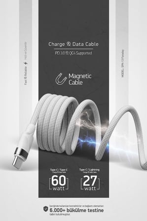 PDAteknoloji Örgülü Mıknatıslı 60W Type-C to Type-C 1mt Data ve Şarj Kablosu SPK-13