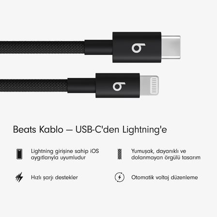 Beats USB-C'den Lightning'e Örgülü Kablo, Hızlı Şarj, Dayanıklı/Dolanmayan - Jet Siyah