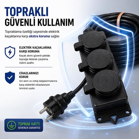 3’lü Grup Priz 3x2.5mm TTR Topraklı Siyah Kauçuk Uzatma Kablosu (10 METRE)