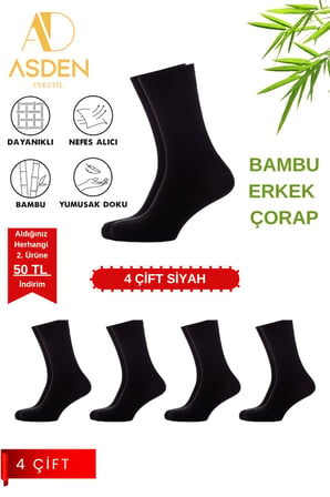 Bambu Erkek Siyah Soket Çorap 4'lü, Yıkamalı, Burun Dikişsiz