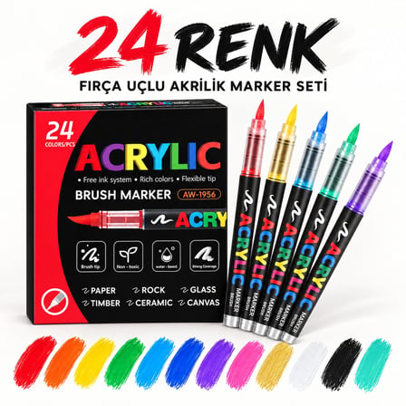 Akrilik Marker Kalem Seti 24'lı, Esnek Fırça Uçlu Boya Kalemi