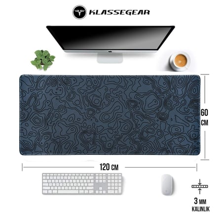 Klasse Pro - 5 Farklı Model Dikişli Kenar 120x60 cm Oyuncu Gaming Mouse Pad (Dark Grey Map Lines)