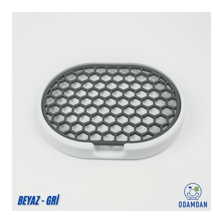 Modern Çift Renkli Katı Sabunluk - Su Tahliyeli Ve İzgaralı Tasarım (9X12 Cm) (Beyaz-Gri)