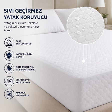 Sıvı Geçirmez Fitted Yatak Koruyucu Alez – Tek Kişilik 100x200 cm + 30 cm - Beyaz