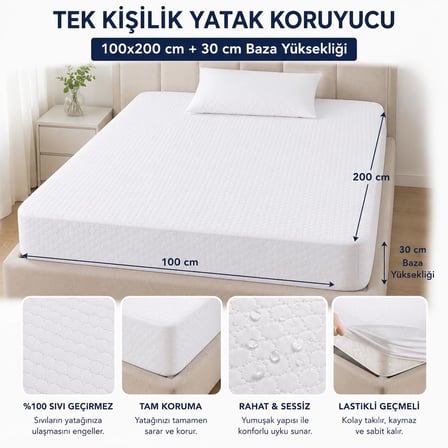 Sıvı Geçirmez Fitted Yatak Koruyucu Alez – Tek Kişilik 100x200 cm + 30 cm - Beyaz