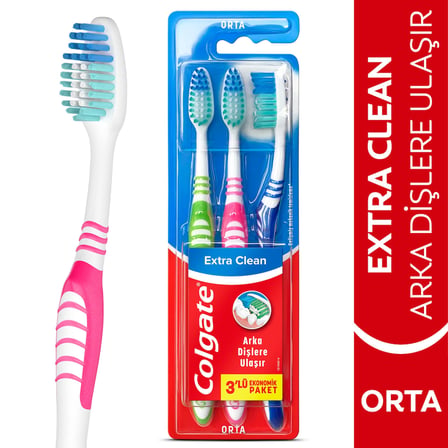 Colgate Extra Clean Dil Temizleyicili Arka Dişlere Uzanan Orta Diş Fırçası 3'lü Ekonomik Paket