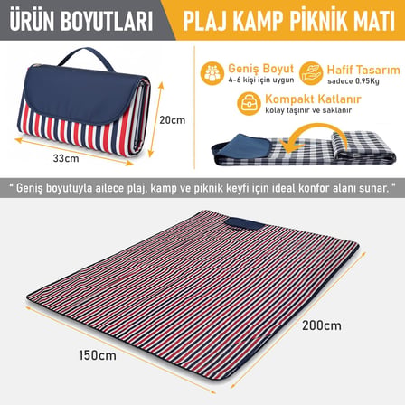 Haegs Piknik Örtüsü, Çanta Kamp Matı, Plaj Matı, Piknik Yer Örtüsü, Seyahat - Mavi - Kırmızı Çizgili