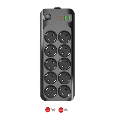 MOBEE Termal Akım Korumalı Grup Priz USB & Type-C 2.1A Şarj Çıkışlı 10’lu Uzaatma Kablo 10A 2500W 2