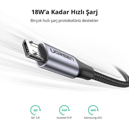 Ugreen Örgülü Micro-USB & USB-A Data ve Şarj Kablosu 60146 - 1 Metre Siyah