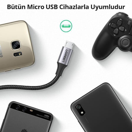 Ugreen Örgülü Micro-USB & USB-A Data ve Şarj Kablosu 60146 - 1 Metre Siyah